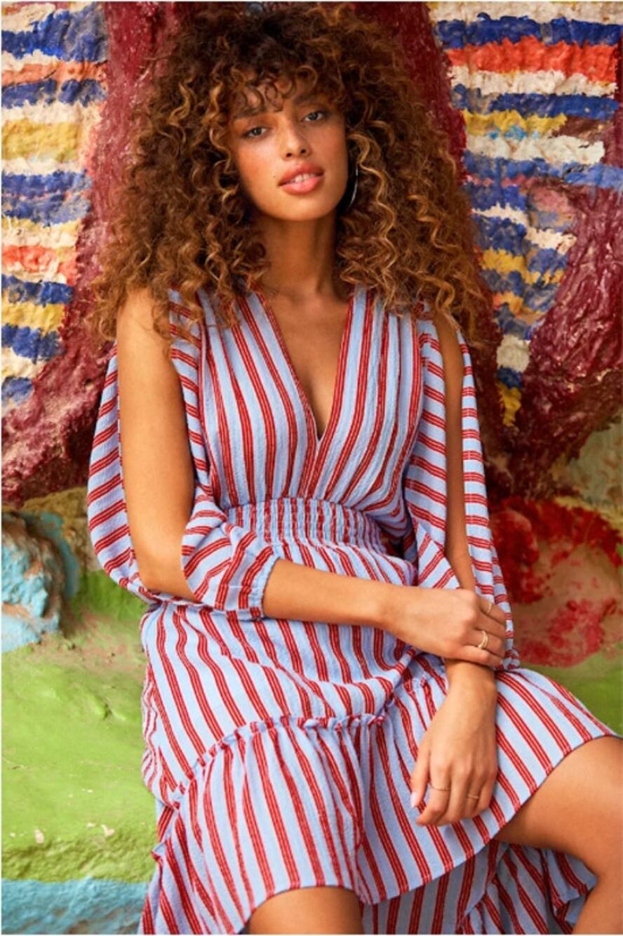 Lulus Womens Nadya Striped High Low Midi Dress Size L Smocked Tiered Textured